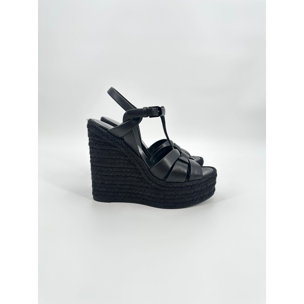 Saint Laurent Tribute Black Leather Espadrille Wedge Sandals Size 37